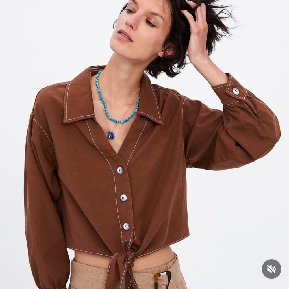Zara Brown Button-Up Tied Cropped Women's Top - Size Medium